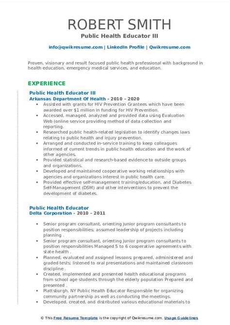 public health educator resume.